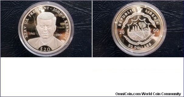 .999 Silver 2000 Liberia 20 Dollar John Kennedy Low Mintage 20K Nice Proof 40mm
