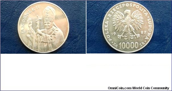 SILVER 1987 POLAND POPULAR POPE PAULII 10,000 ZT CROWN LARGE 35MM BU # 700