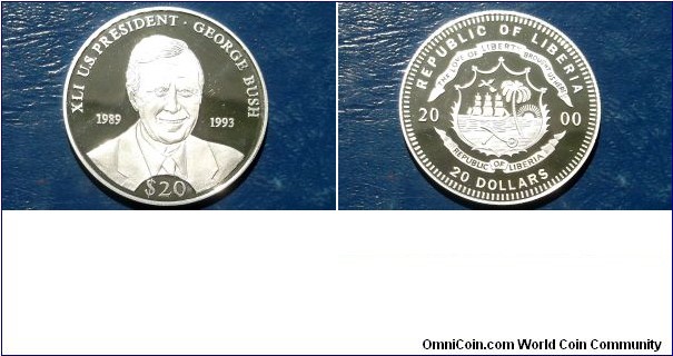 .999 Silver 2000 Liberia 20 Dollar George W Bush Low Mintage 20K Nice Proof 40mm