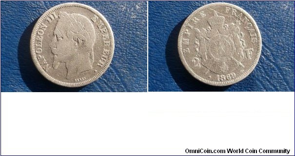 .835 Silver 1869-A France 2 Francs Napoleon III KM# 807.1 Key Date Circ #514