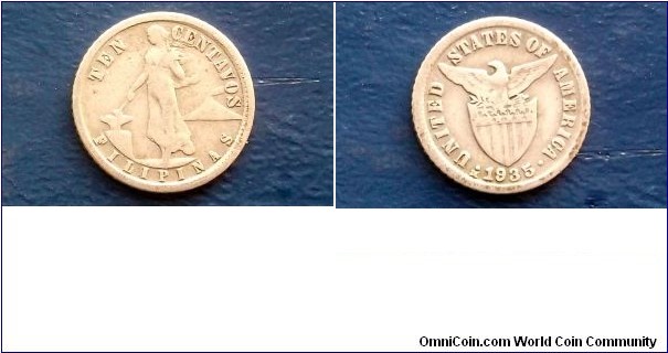 Silver 1935 Philippines 10 Centavos Eagle Stars & Stripes Nice Circ Coin # MSB18