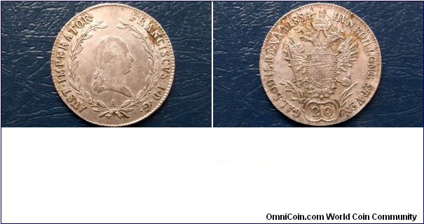 Silver 1824-A Austria 20 Kreuzer Franz II Double Eagle Nice Grade 28mm