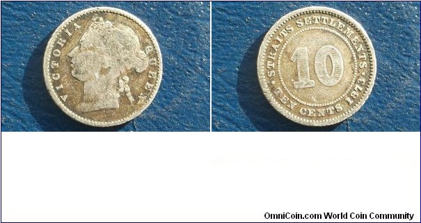 Rare Silver 1873 Straits Settlements 10 Cents Victoria Low Mintage 210K #RSB 52