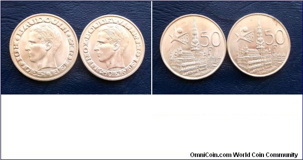 LOT (2) SILVER 1958 BELGIUM WORLDS FAIR 50 FRANKS BOTH TYPES NICE BU # 274 & 5 
Go Here:

http://stores.ebay.com/Mt-Hood-Coins