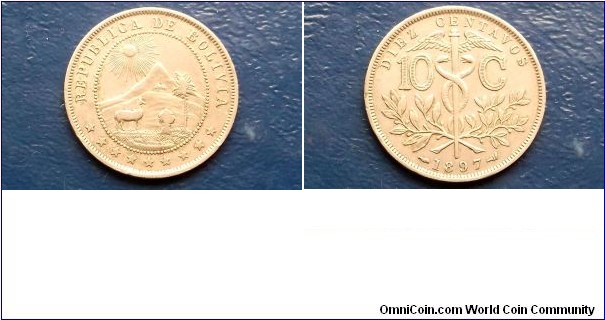Scarce 1897 Bolivia 10 Centavos KM# 174.3 State Emblem1st Year High Grade Go Here:

http://stores.ebay.com/Mt-Hood-Coins