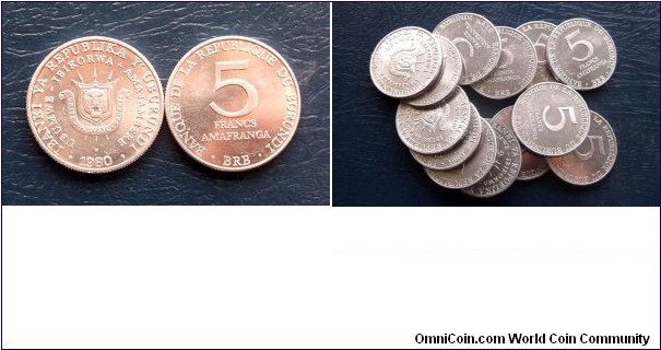 Lot (1) 1980 Burundi 5 Francs KM# 20 National Arms Nice Gem BU Coin Go Here:

http://stores.ebay.com/Mt-Hood-Coins