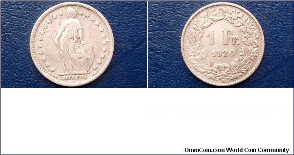.835 Silver 1920-B Switzerland 1 Franc Standing Helvetia Lance Nice Circ Go Here: http://stores.ebay.com/Mt-Hood-Coins