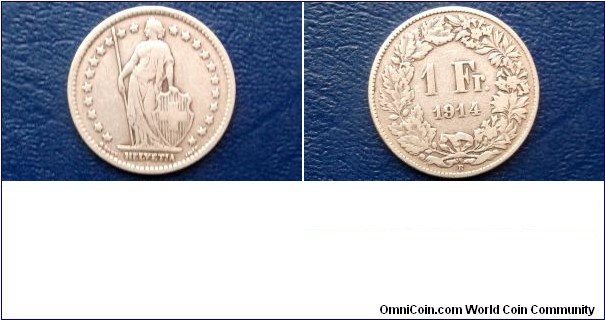 .835 Silver 1914-B Switzerland 1 Franc Standing Helvetia Lance Nice Circ Go Here: http://stores.ebay.com/Mt-Hood-Coins