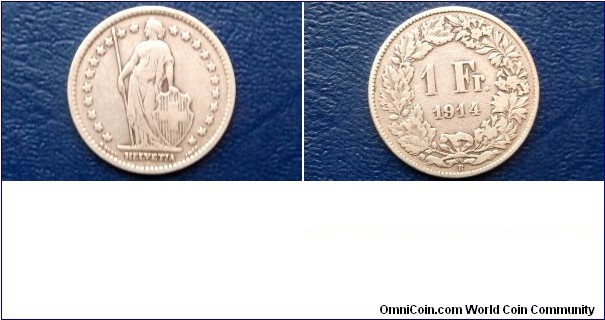 .835 Silver 1914-B Switzerland 1 Franc Standing Helvetia Lance Nice Circ Go Here: http://stores.ebay.com/Mt-Hood-Coins
