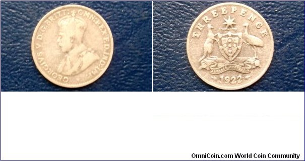 1922 Australia 3 Pence KM#24 Kangaroo & Emu Nice Original Toned Circ Go Here: http://stores.ebay.com/Mt-Hood-Coins