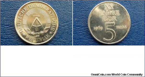1969 Germany Federal Republic 5 Marks - Very Nice Prooflike BU - 20th Anniversary of DDR -  Large 29mm Coin - Low Mintage of Only 245K Go Here:

http://stores.ebay.com/Mt-Hood-Coins

SOLD !!!!