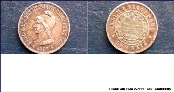 SOLD !!!! .917 Silver 1889 Brazil 500 Reis Coin - Liberty Head & Stars - 1 Year Type Coin - Very Nice Original Toned Circulated Coin Go Here:

http://stores.ebay.com/Mt-Hood-Coins