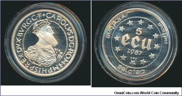 Sold !! Rare .833 Silver 1987 Belgium 5 ECU Coin - Charles V - 30th Anniversary Treaties of Rome - Ex Low Mintage of Only 15K - Very Nice Brilliant Uncirculated Go Here:

http://stores.ebay.com/Mt-Hood-Coins