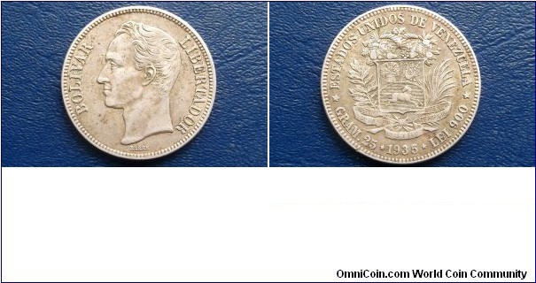 Sold !! Silver 1935 Venezuela 25 Gram 5 Bolivares .7234 Oz Big 37mm Nice Toned Go Here:

http://stores.ebay.com/Mt-Hood-Coins