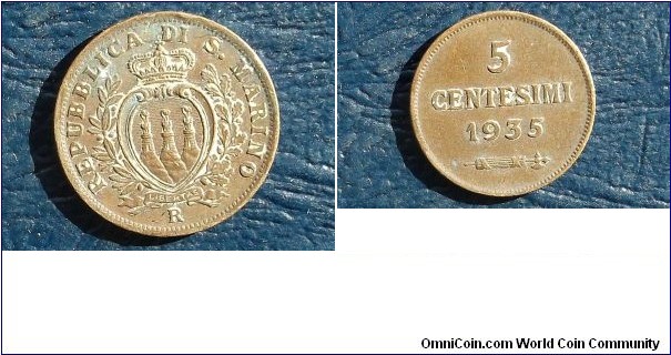 Sold !! 1935-R San Marino 5 Centesimi KM#12 Crowned Arms Nice Grade Circ 1st Yr Go Here:

http://stores.ebay.com/Mt-Hood-Coins