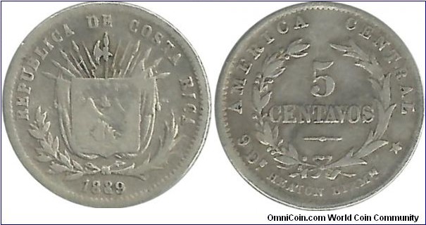 CostaRica 5 Centavos 1889H (1.20 g / .750 Ag)