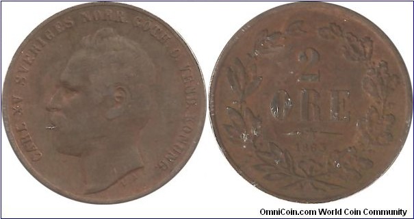 Sweden 2 Öre 1863 (King Carl XV Adolf 1859-1872) 