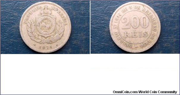 1874 Brazil 200 Reis KM#478 Pedo II Crowned Arms Nice Large 32mm Coin Go Here: http://stores.ebay.com/Mt-Hood-Coins