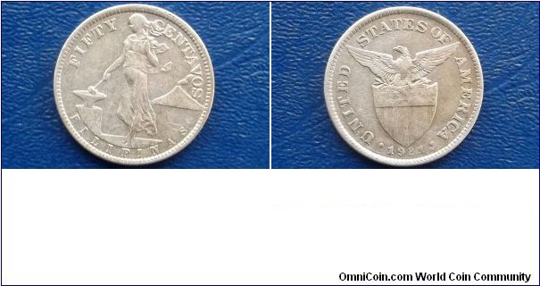 Sold !! Silver 1921 Philippines 50 Centavos Eagle Stars & Stripes Nice Toned Circ 
Go Here:

http://stores.ebay.com/Mt-Hood-Coins