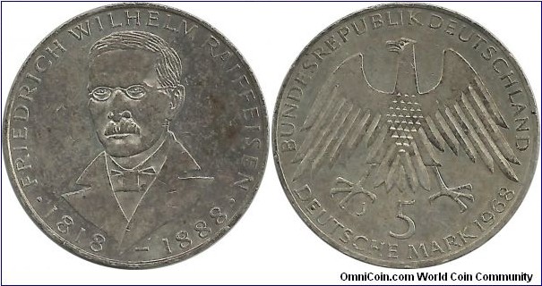 Germany-West 5 DeutscheMark 1968J-Friedrich Wilhelm Raiffeisen (11.20 g / .625 Ag)