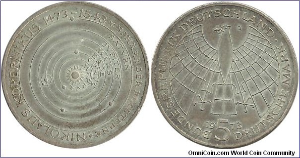 Germany-West 5 DeutscheMark 1973J-500th Anniversary - Birth of Nicholas Copernicus (11.20 g / .625 Ag)