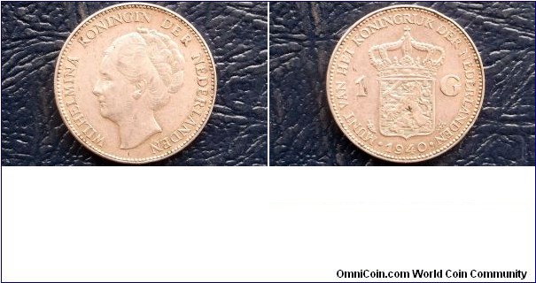 Silver 1940 Netherlands Gulden KM# 165 Larger 28mm High Grade