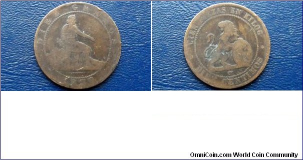 1870-OM Spain 10 Centimos Rampart Lion 1 Yr Type Provisional Gov Nice Circ 