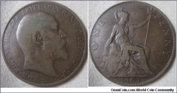 1907 penny, unusual slanted 7 , fair grade