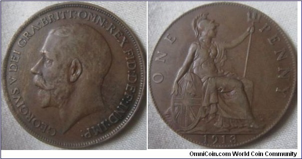 1913 penny 1+a VF