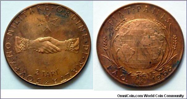 Order of Malta 2 tari.
1968, F.A.O. Bronze.
Diameter; 31 mm.
Weight; 9g.
Mintage: 20.000 pieces.