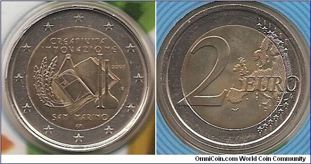 2 Euro
KM#490
8.5000 g., Bi-Metallic Nickel-Brass center in Copper-Nickel ring, 25.75 mm. Subject: European Year of Creativity and Innovation. Obv: The coin shows some symbols of scientific research: a book, a compass, a test tube and a flask. On the left are the three emblematic feathers of the Republic of San Marino. On the right are the year ‘2009’ and the mint mark ‘R’. Above is the legend ‘CREATIVITÀ INNOVAZIONE’. Below are the name of the issuing country ‘SAN MARINO’ and the artist’s initials ‘A.M.’ The twelve stars of the European Union surround the design on the outer ring of the coin. Rev: 2 on the left-hand side, six straight lines run vertically between the lower and upper right-hand side of the face, 12 stars are superimposed on these lines, one just before the two ends of each line, superimposed on the mid - and upper section of these lines; the European continent ( extended ) is represented on the right-hand side of the face; the right-hand part of the representation is superimposed on the mid-section of the lines; the word ‘EURO’ is superimposed horizontally across the middle of the right-hand side of the face. Under the ‘O’ of EURO, the initials ‘LL’ of the engraver appear near the right-hand edge of the coin. Edge: Reeded with inscription 2*, repeated six times, alternately upright and inverted. Obv. designer: Annalisa Masini Rev. designer: Luc Luycx