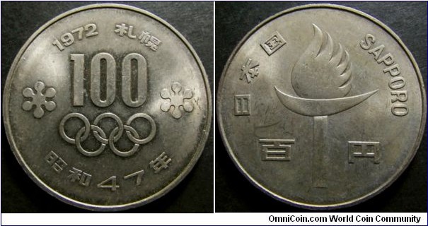 Japan 1972 100 yen commemorating Sapporo Winter Olympics. Technically uncirculated however some bag marks. Weight: 11.96g. 