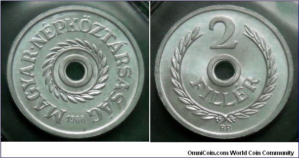 Hungary 2 filler from 1988 annual coin set. Mintage: 30.010 pieces.