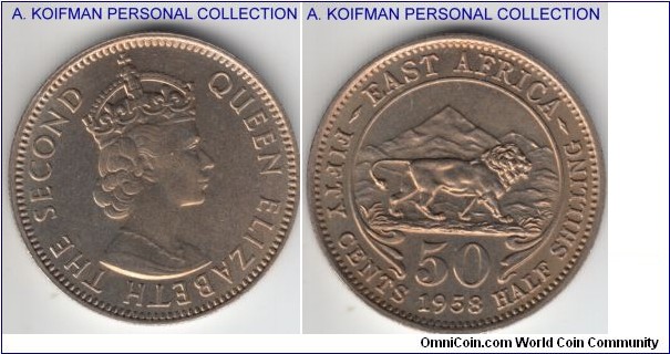 KM-36, 1958 East Africa 50 cents, Heaton mint (H mintmark) with the weak K after H; copper nickel, reeded edge; higher end uncirculated, appears to be HKN variety with the weak N shown under certain angle after H.