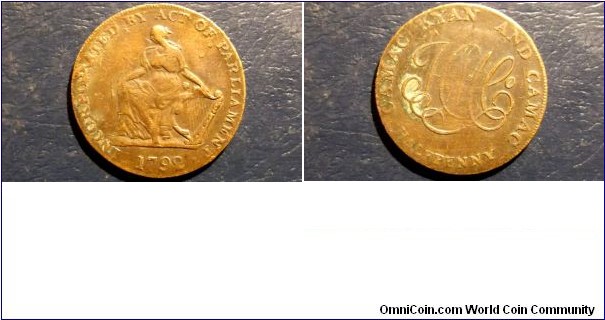 Scarce 1792 Ireland 1/2 Penny Token Dublin Camac Kyan Nice Circ 1st Year 