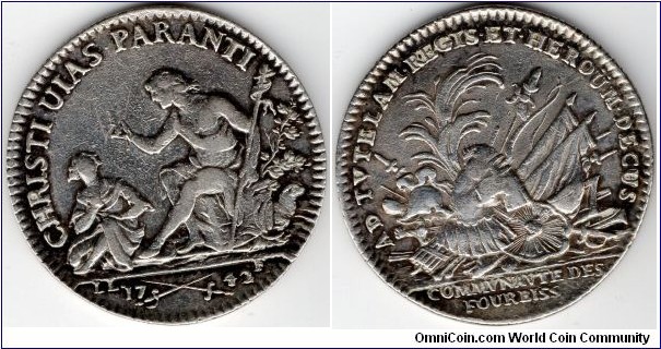scarcer silver jeton struck for the `Communaute des Fourbisseurs' (provisioners to the French military establishment)in 1742.