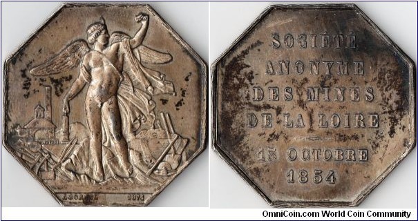 silver jeton struck for the Mines de la Loire (St Etienne). This example struck post 1880 (cornucopia mint mark) and as a piedfort.