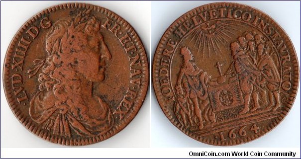 copper jeton struck for the Swiss Canton of Grison to mark the renewal of the alliance with France.