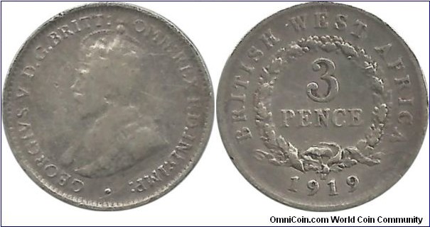 BWestAfrica 3 Pence 1919H (1.14 g / .925 Ag)