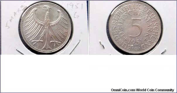.625 Silver 1951-G Germany Federal Republic 5 Mark 1st Year High Grade 
Go Here:

http://stores.ebay.com/Mt-Hood-Coins