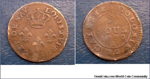 Rare Silver Billon 1789-A French Colonies Guiana 2 Sou Louis XVI KM#1 Nice 