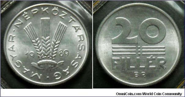 Hungary 20 filler from 1989 annual coin set.