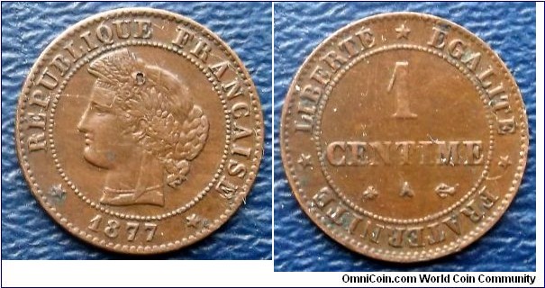 1877-A France Centime KM# 826.1 Laureate Head Nice Grade Circ Coin 