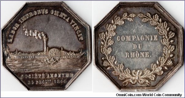 scarcer silver jeton issued for the Compagnie du Rhone (river transport)in 1844.