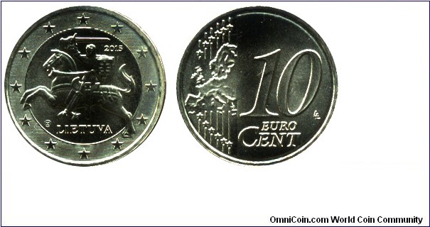 Lithuania, 10 cents, 2015, Cu-Al-Zn-Sn, 19.75mm,	4.10g.
