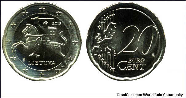 Lithuania, 20 cents, 2015, Cu-Al-Zn-Sn,	22.25mm, 5.74g.

