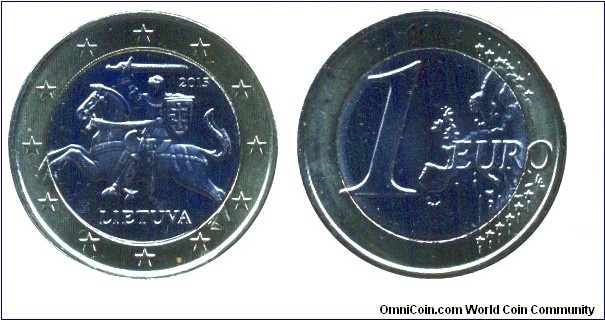 Lithuania, 1 euro, 2015, Ni-Brass-Cu-Ni, bi-metallic, 23.25mm, 7.50g.
