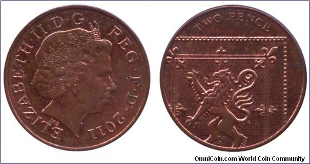 United Kingdom, 2 pence, 2011, Cu-Steel, 25.86mm, 7.10g, Queen Elizabeth II.

