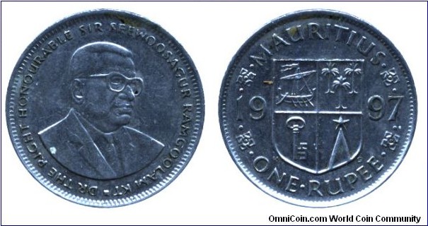 Mauritius, 1 rupee, 1997, Cu-Ni, Sir Seewoosagur Ramgoolam.