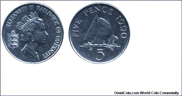 Guernsey, 5 pence, 1990, Cu-Ni, 23.60mm, 5.65g, Queen Elizabeth II, Sailing ship.
